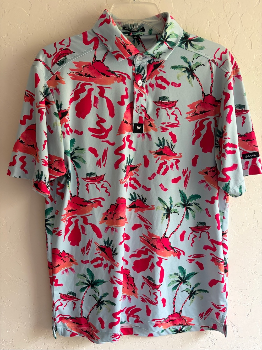 Bad Birdie Light Blue Polo with Coral-Pink Tropical Print